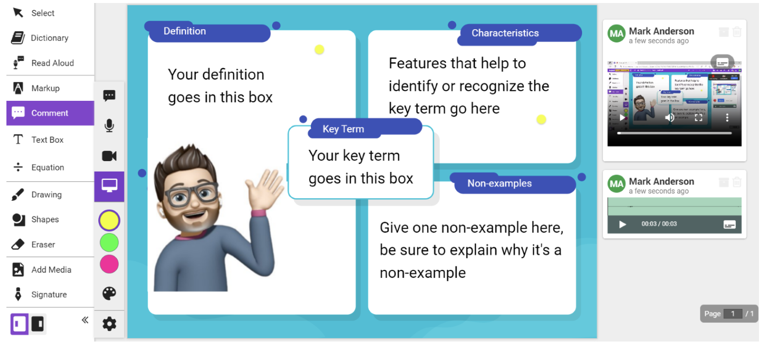 Frayer model example with embedded audio and video content 