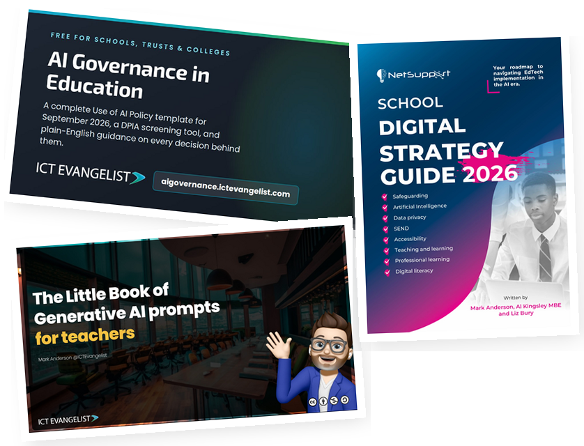 A selection of free guides: the AI Governance site, the School Digital Strategy Guide and the Little Book of Generative AI Prompts